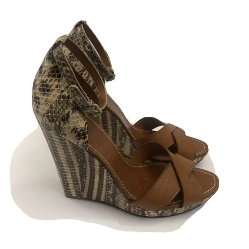 Tory Burch Wedge Heels Shoes 10M Sandal Platform Leather Camel Snake Skin.